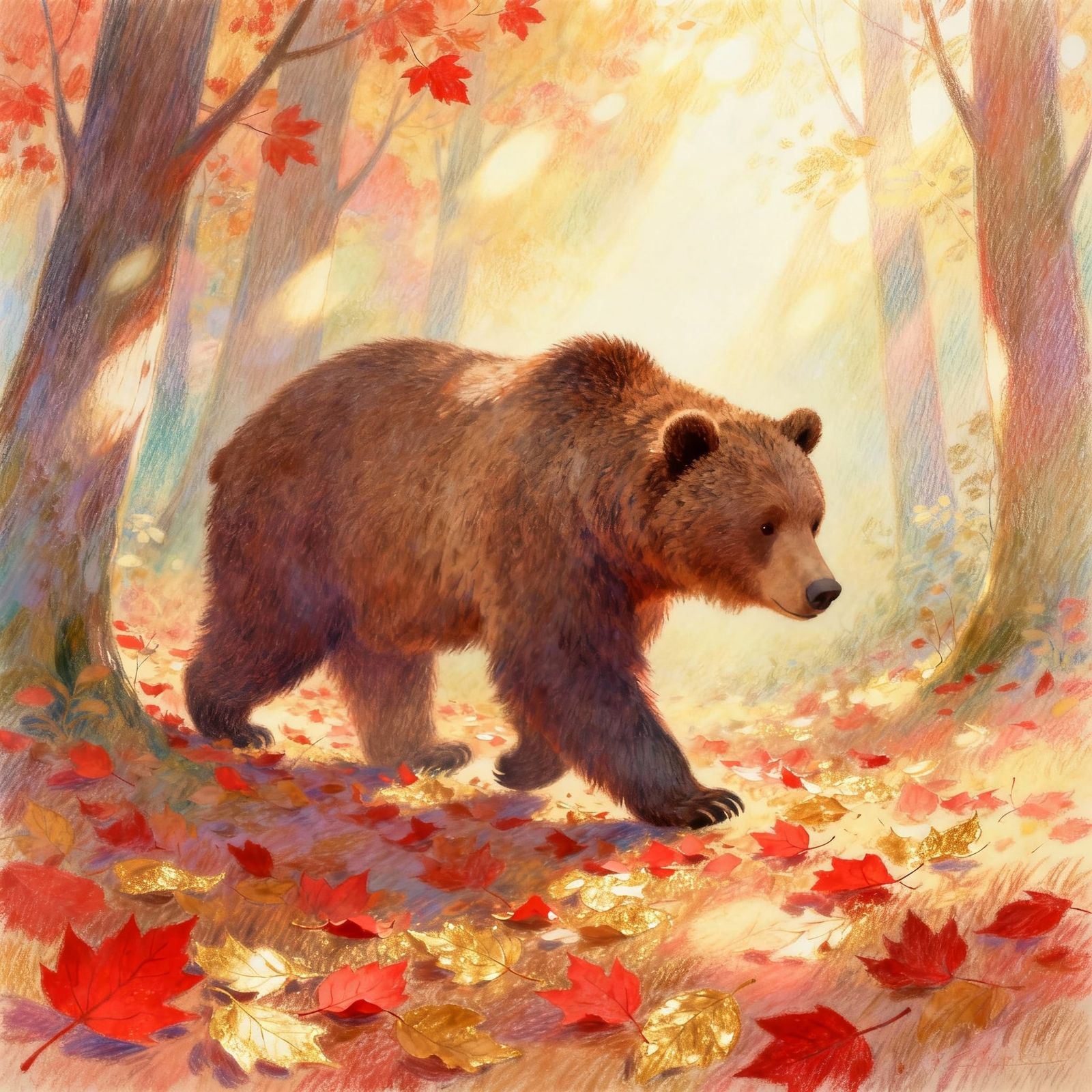 Majestic Bear in Autumn Forest Pastel Art Style