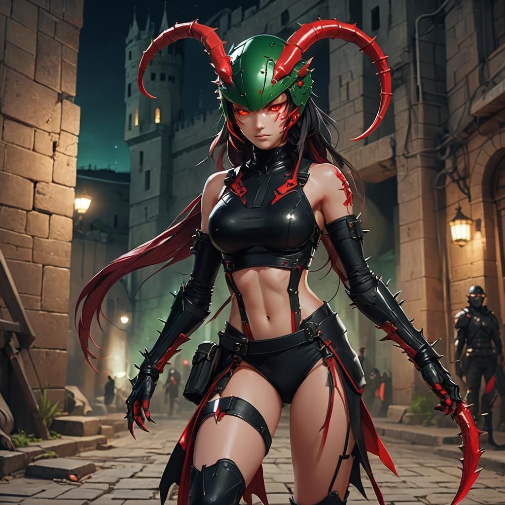 Scorpion Woman Warrior Near Fortress in Anime Art
