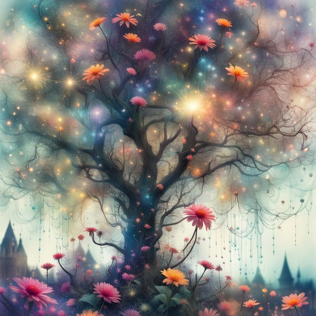 Bioluminescent Crystal Castle: Double Exposure Art