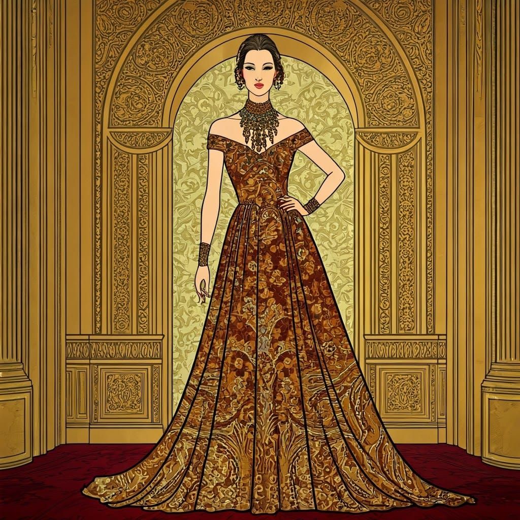 Elegant Woman in Evening Gown: Art Nouveau Illustration