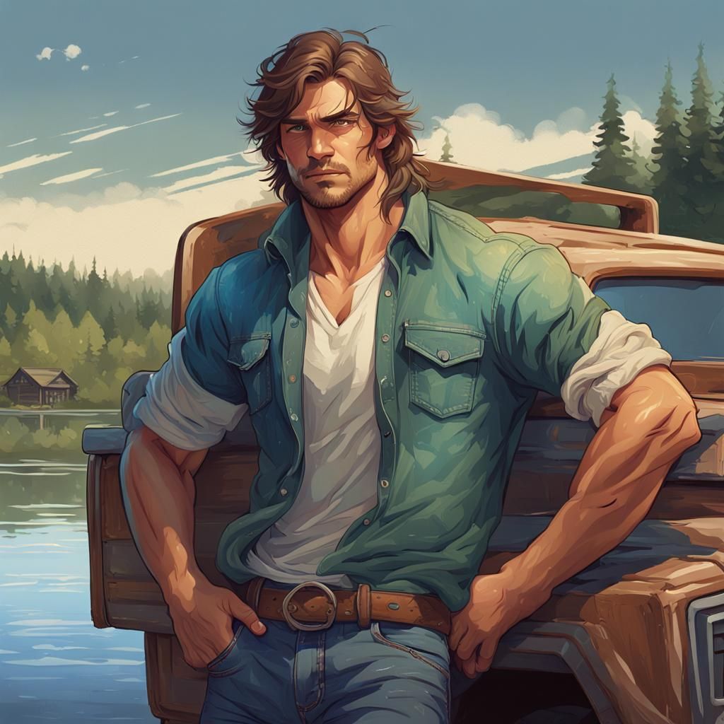 Handsome Man Portrait near Lake Cabin