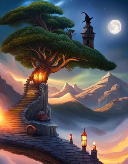 Magic Witch Chasing Rabbit on Cloud Path