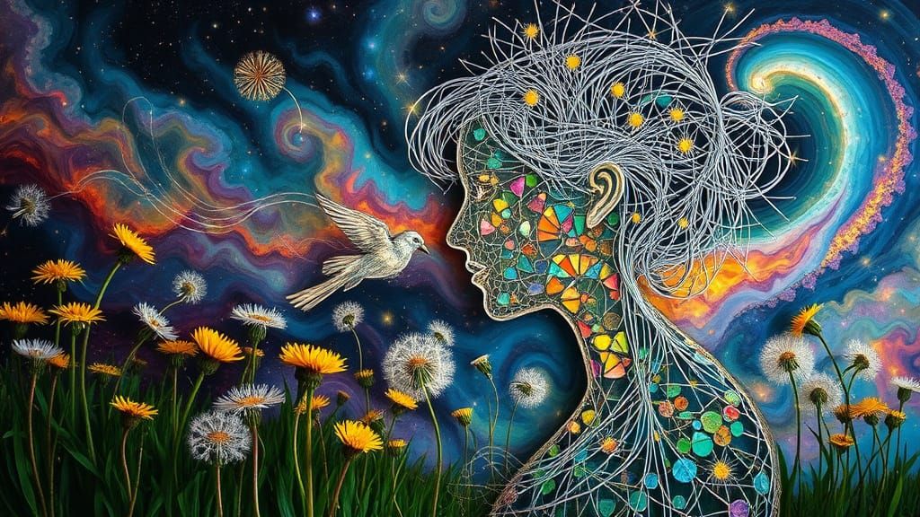 Ephemeral Land Art: Woman of Strings Kissing Bird