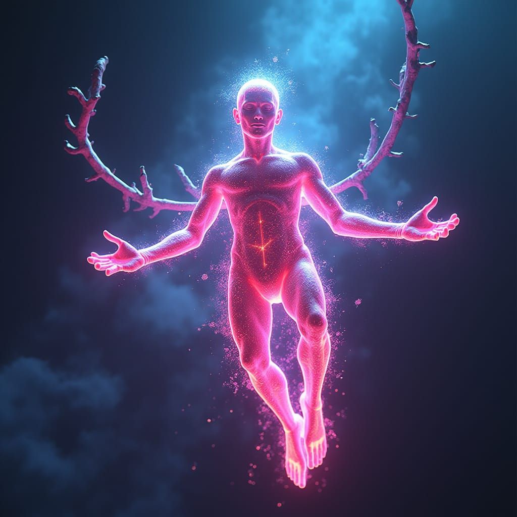 Translucent Neon Man Floating in Space