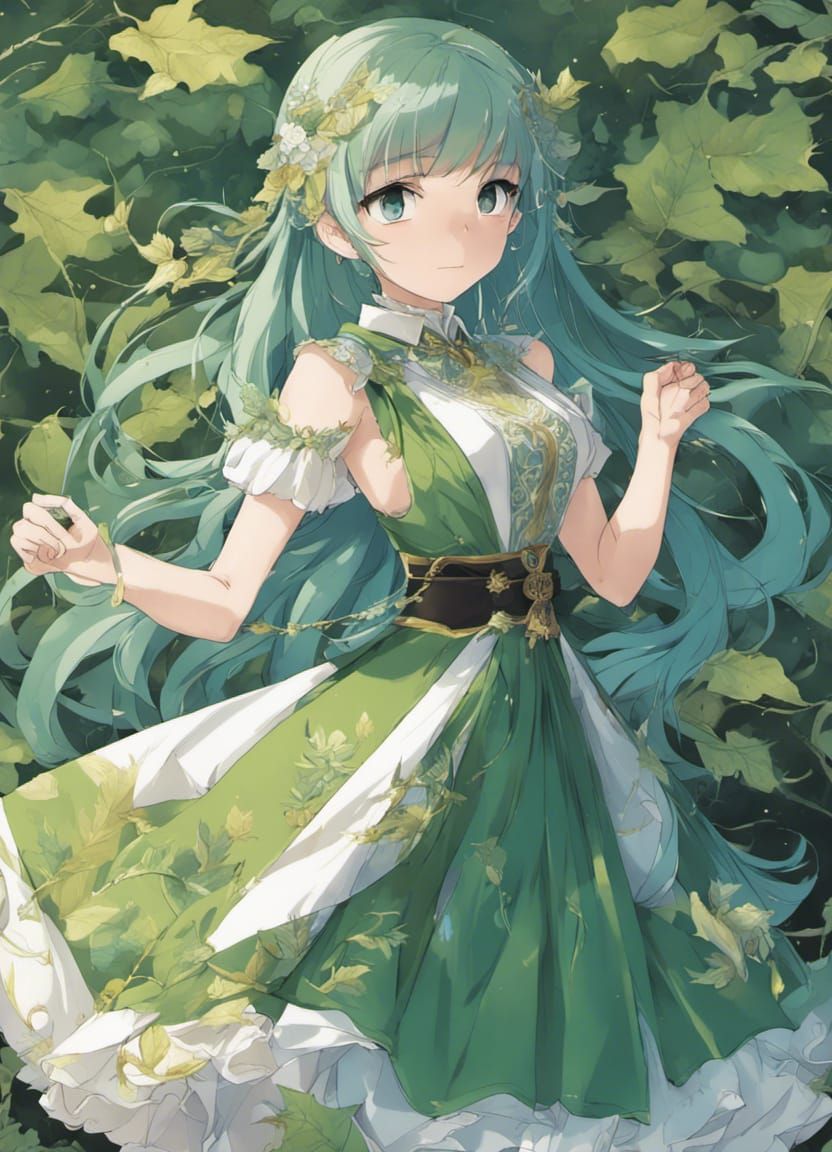 Green and Blue Dress with Gold Trim in Anime Style
