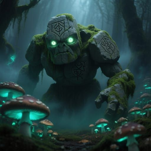 Mossy Stone Golem Awakens in Bioluminescent Forest