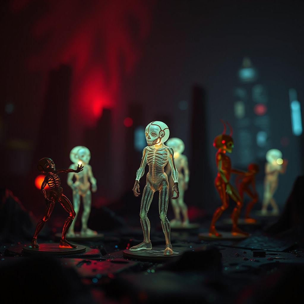 Bioluminescent Figurines in a Dark Neon Landscape