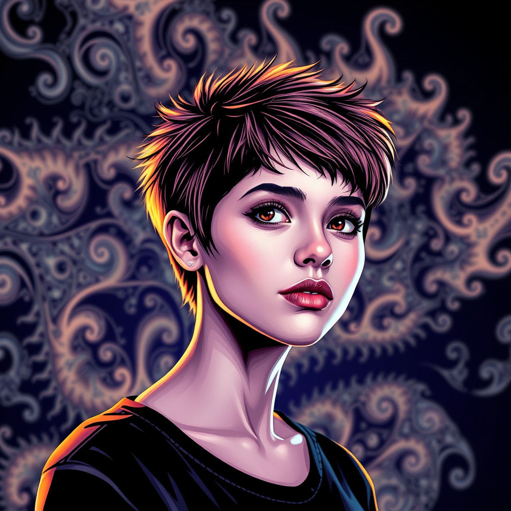 Neon Portrait Against Abstract Fractal Background