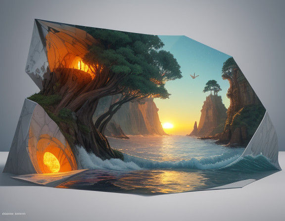Surreal Beach Scene with Surfers in a Vibrant, Magical Sunse...