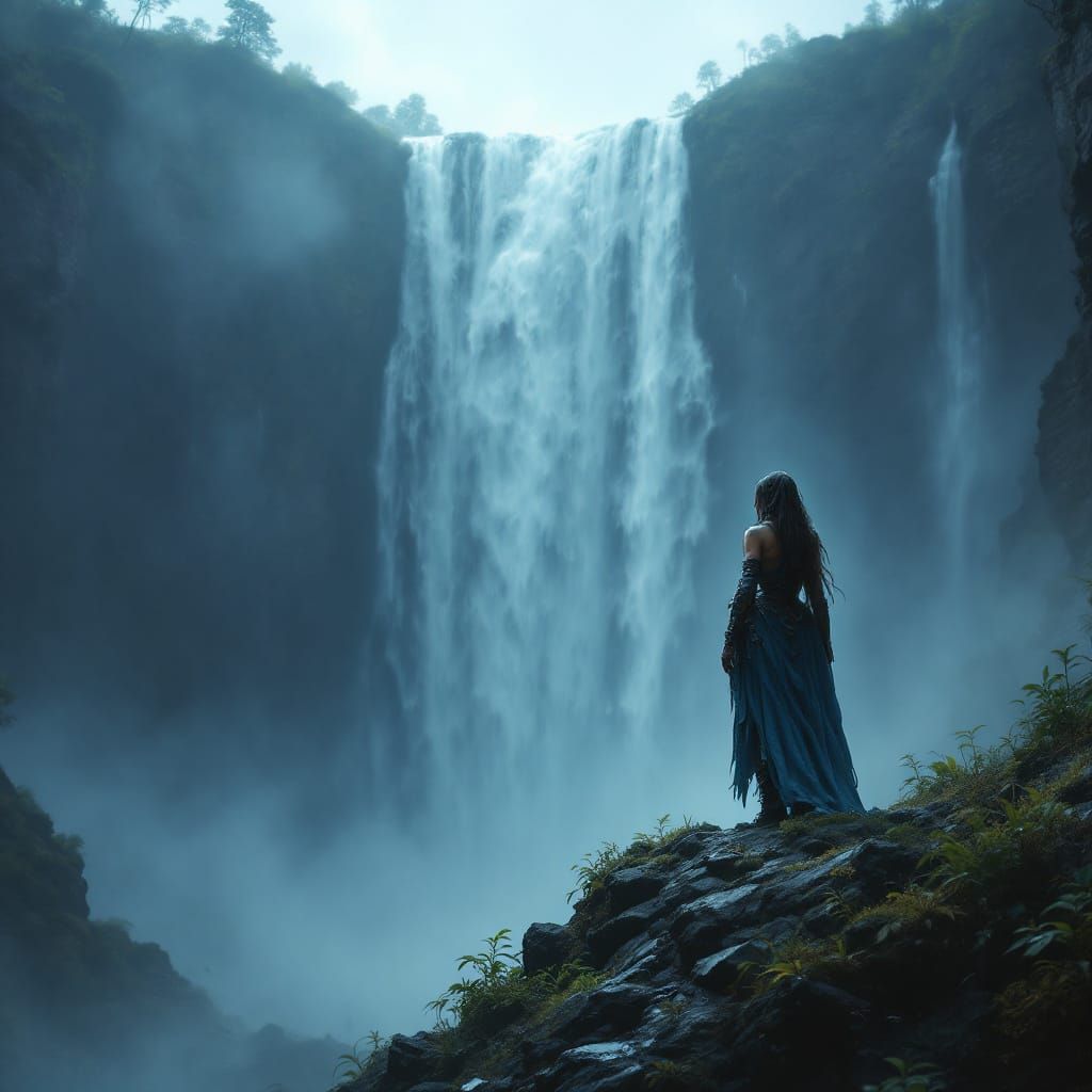 Majestic Warrior at Colossal Waterfall in Hyperrealistic Sty...