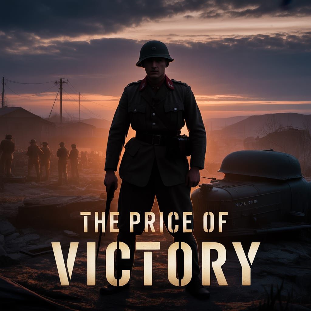 1940s war movie poster. Title "The Price of Victory" The silhouette of a soldier in the twilight in a war-torn landscape...
