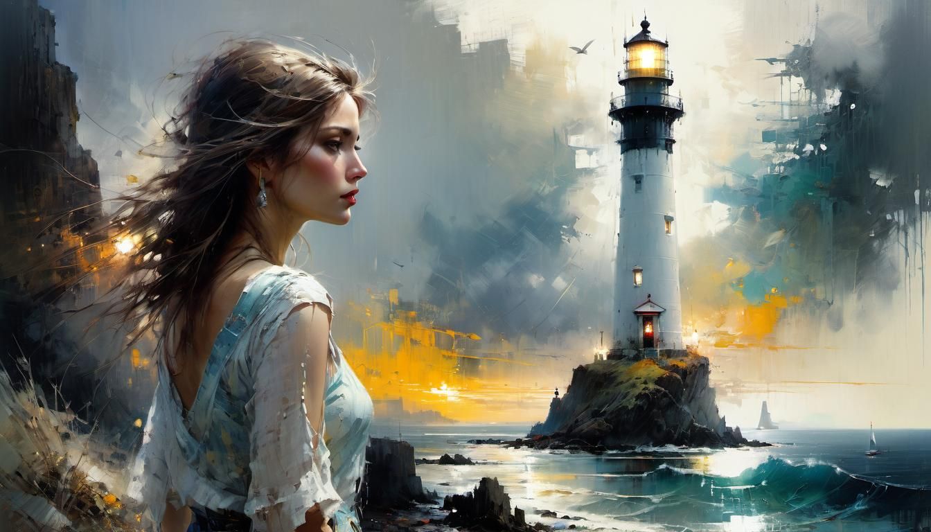 Woman Gazing at Lighthouse: Emotional Fine Art