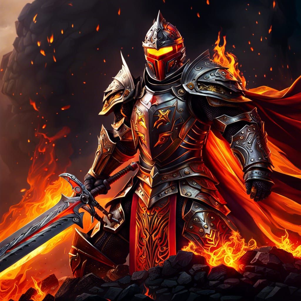 Molten Knight with Burning Sword in 8k