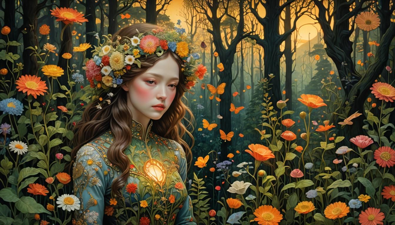 Sunset Woman in Floral Forest, Magic Realism