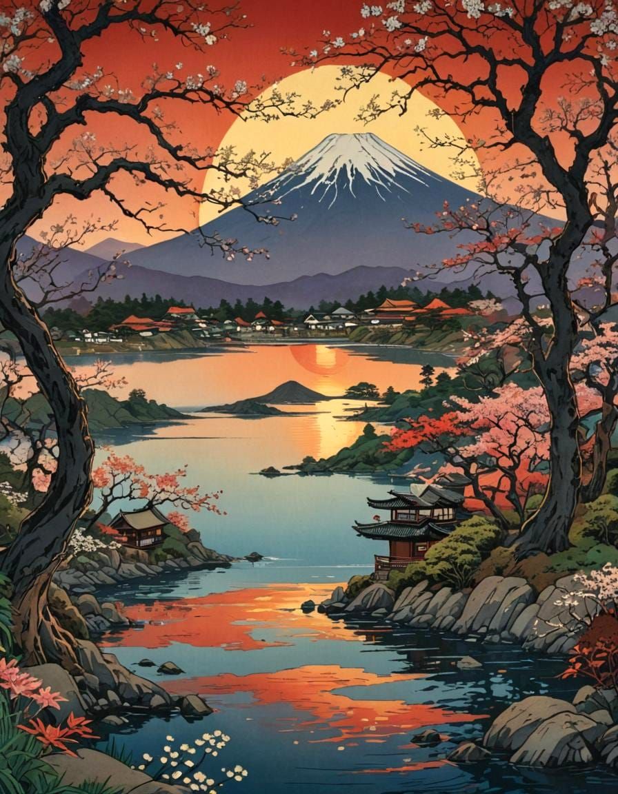 Ukiyo-e Lake Village with Mount Fuji