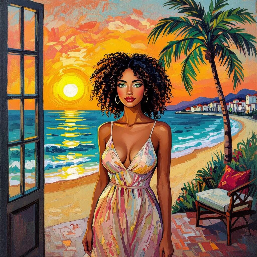 Woman on Beach at Sunset in Post-Impressionistic Style