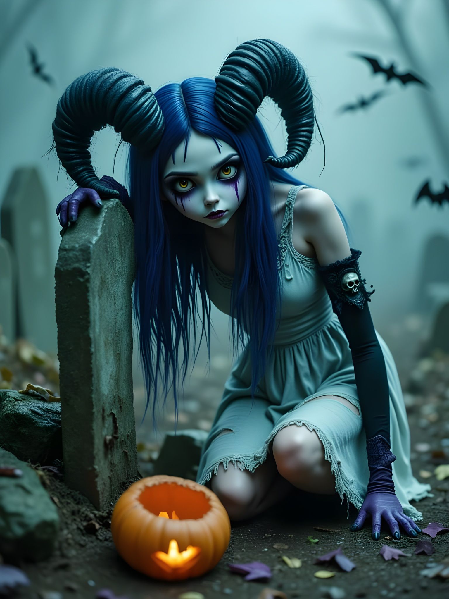 Eerie Halloween Character with Twisted Horns and Cobweb Hair