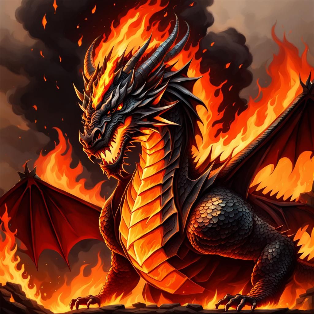Majestic Fire Dragon Engulfed in Flames