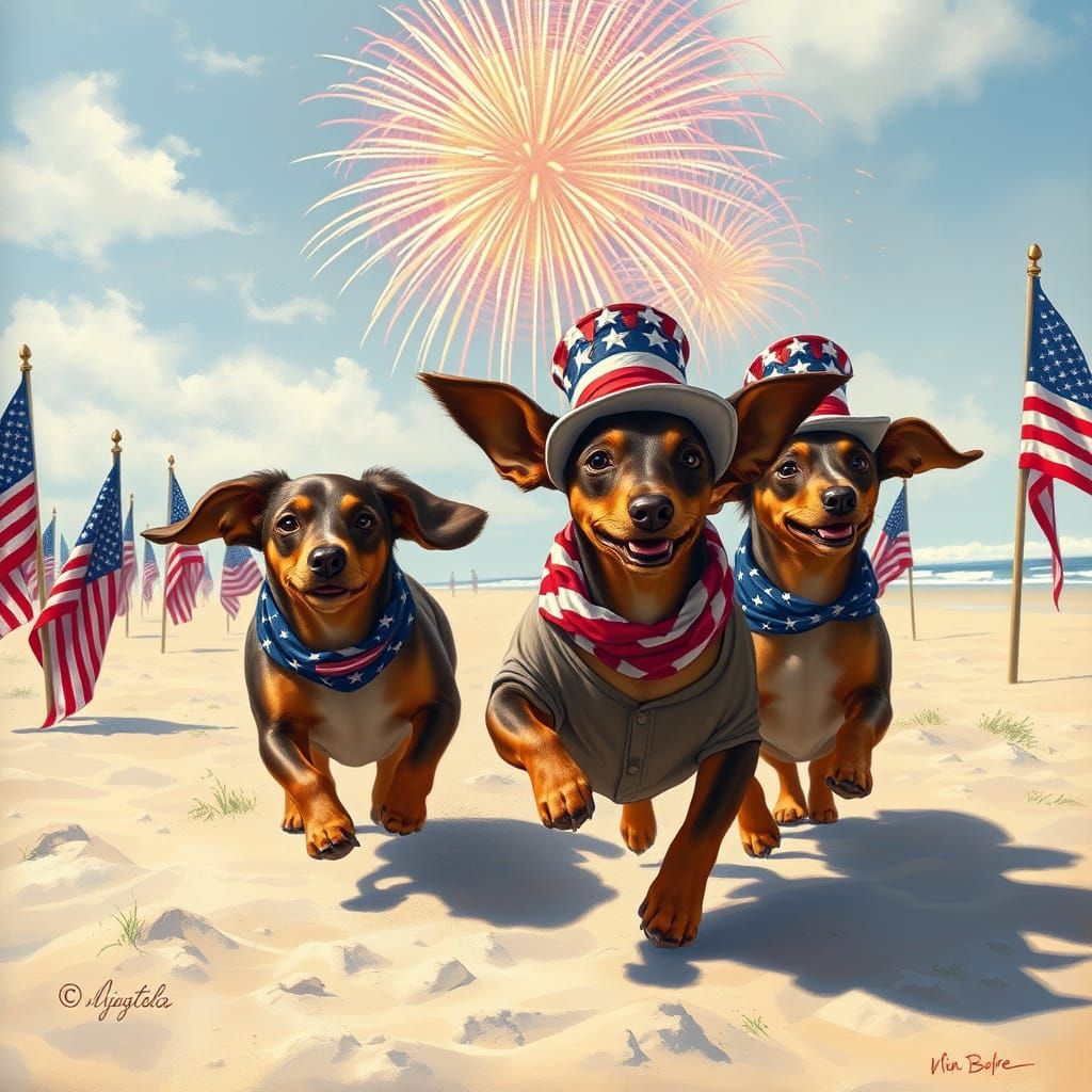Patriotic Dachshunds Celebrate July 4th: Photorealistic Beac...