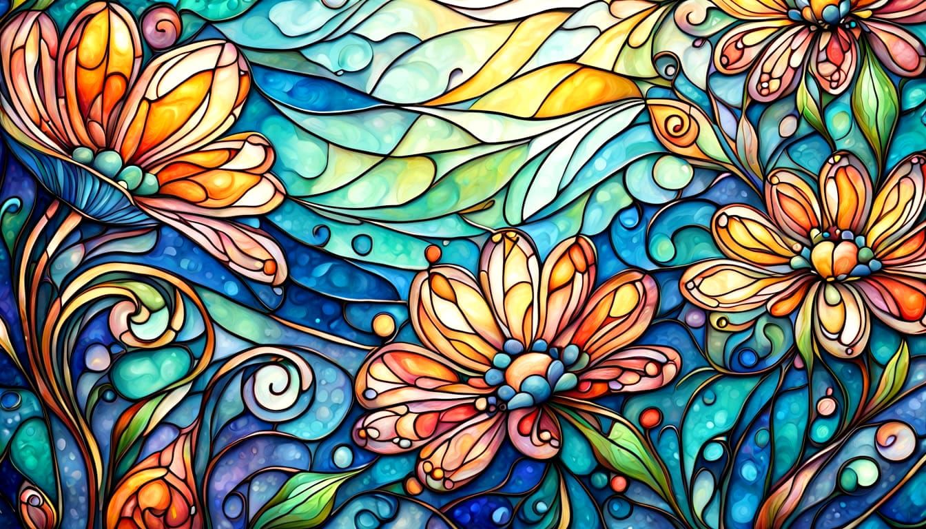 Watercolor ink stained-glass flowers in rain