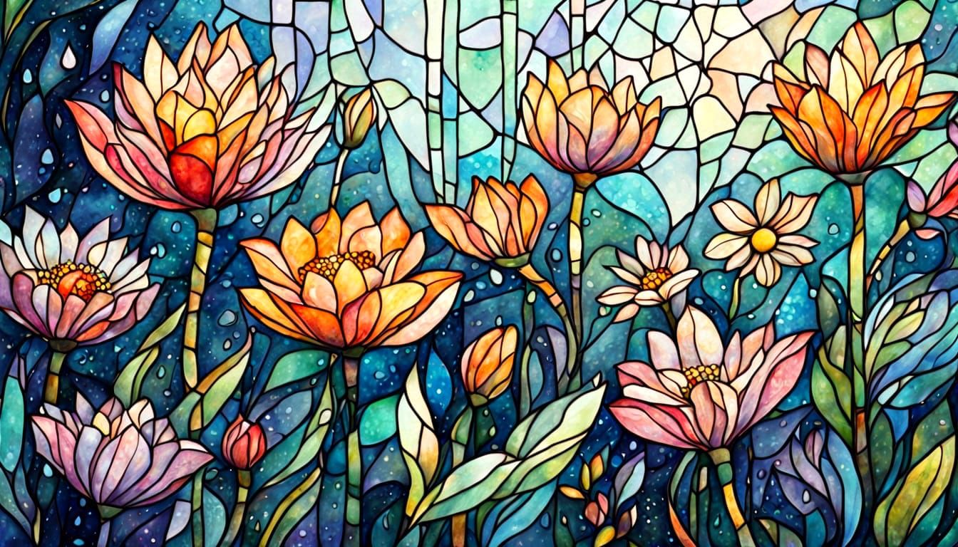 Watercolor ink stained-glass flowers in rain