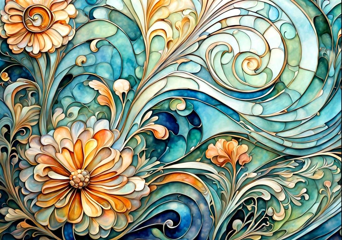 Watercolor ink stained-glass flowers in rain