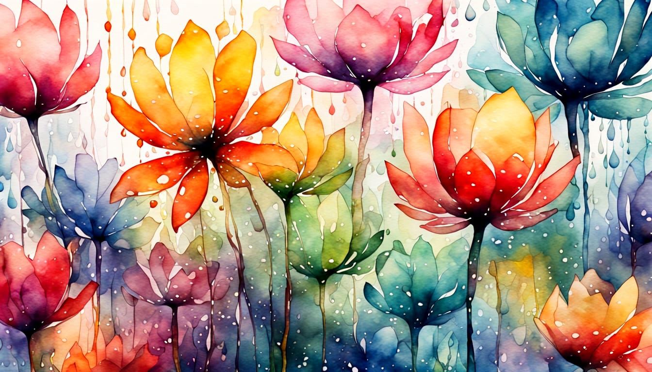 Watercolor ink stained-glass flowers in rain