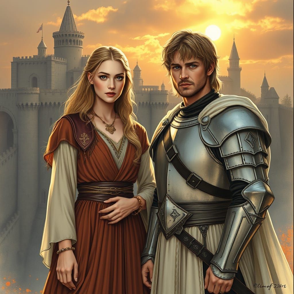 Elegant Gondorian Lady Stands Beside Noble Knight in Majesti...