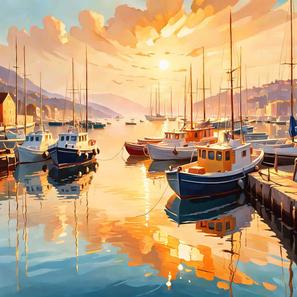 Golden Harbor: Boats in Oil Painting Style