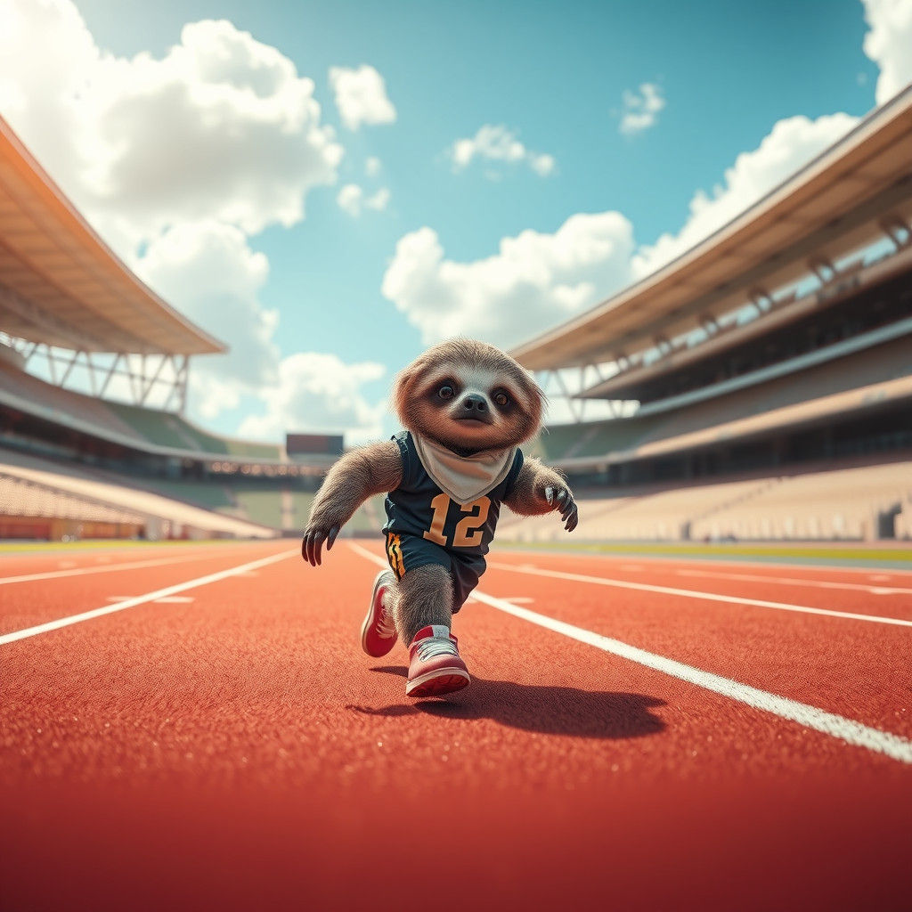 Baby Sloth Athlete on Stadium Track