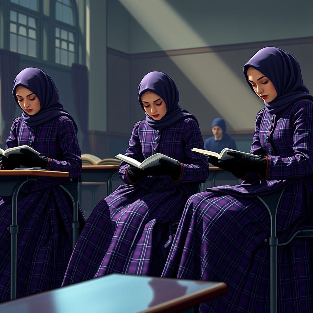 Victorian Rubber Hijab Students in Cel-Shaded Style