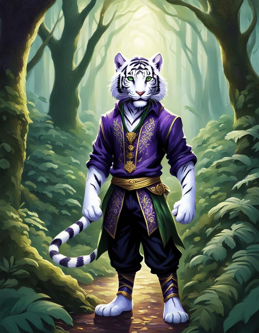 Anthro White Tiger Cub Sorcerer in Mystical Forest