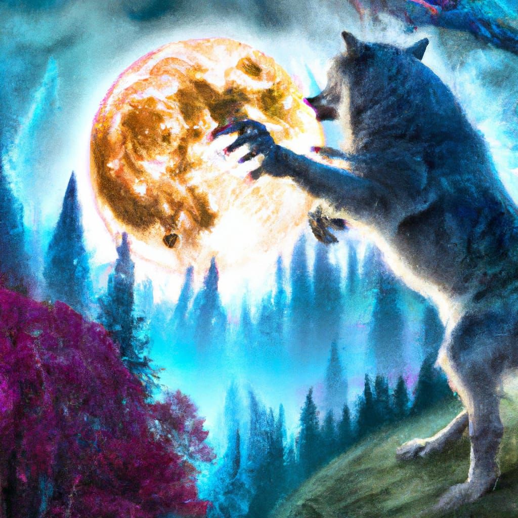 Mystical Wolf Forest Under Full Moon, Fantasy Illustration