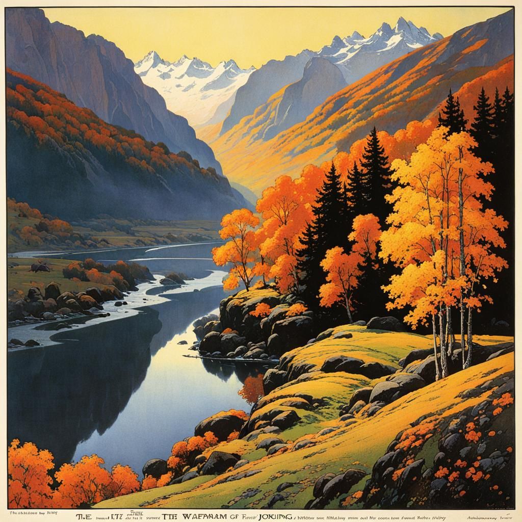 Autumn Valley Fog, Art Nouveau Illustration