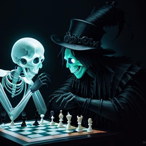 Bioluminescent Ghosts Play Chess in Graveyard Setting
