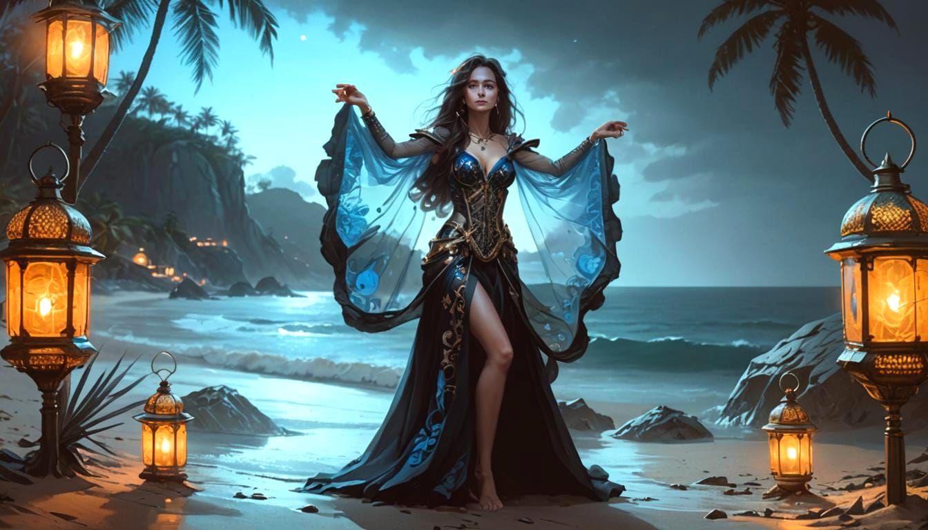 Mystical Woman on Sandy Beach with Lanterns