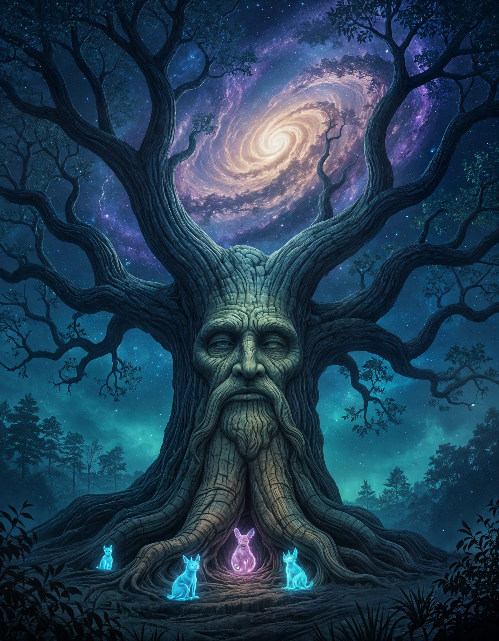Cosmic Tree of Life with Nebula and Woodland Creatures