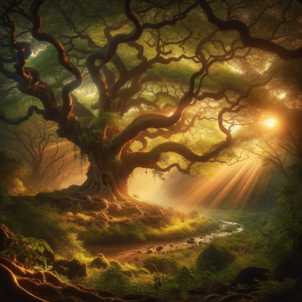 Ancient Landscape With Gnarled Tree and Golden Sun Rays