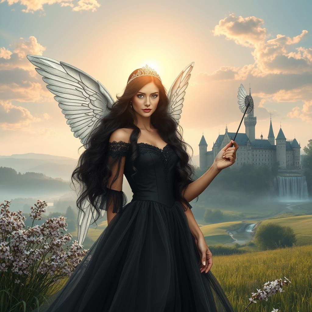 Angel Woman with Dark Wings and Blue Sapphire Eyes