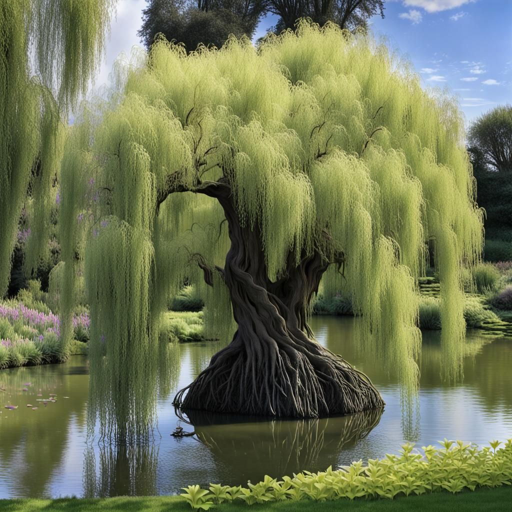 Giant old man willow over a pond with water Lillys all aroun...