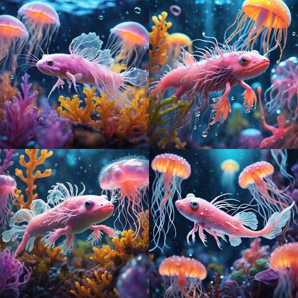 Chibi Axolotl Explores Vibrant Underwater Wonderland