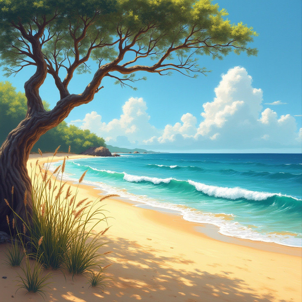 Sunlit Beach in Impressionist Style with Gnarled Tree