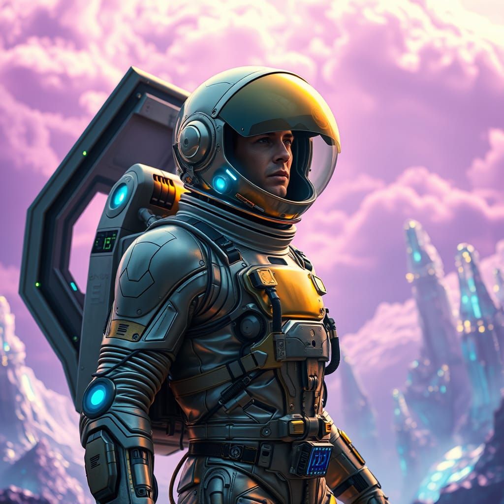 Astronaut Emerges from Futuristic Spacecraft in Awe of Alien...