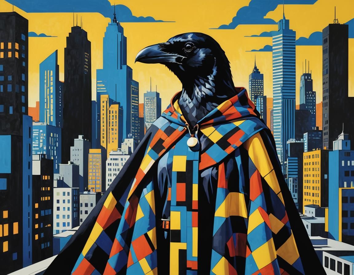Lady Crow: A Pop Art Portrait in Bauhaus Cityscape