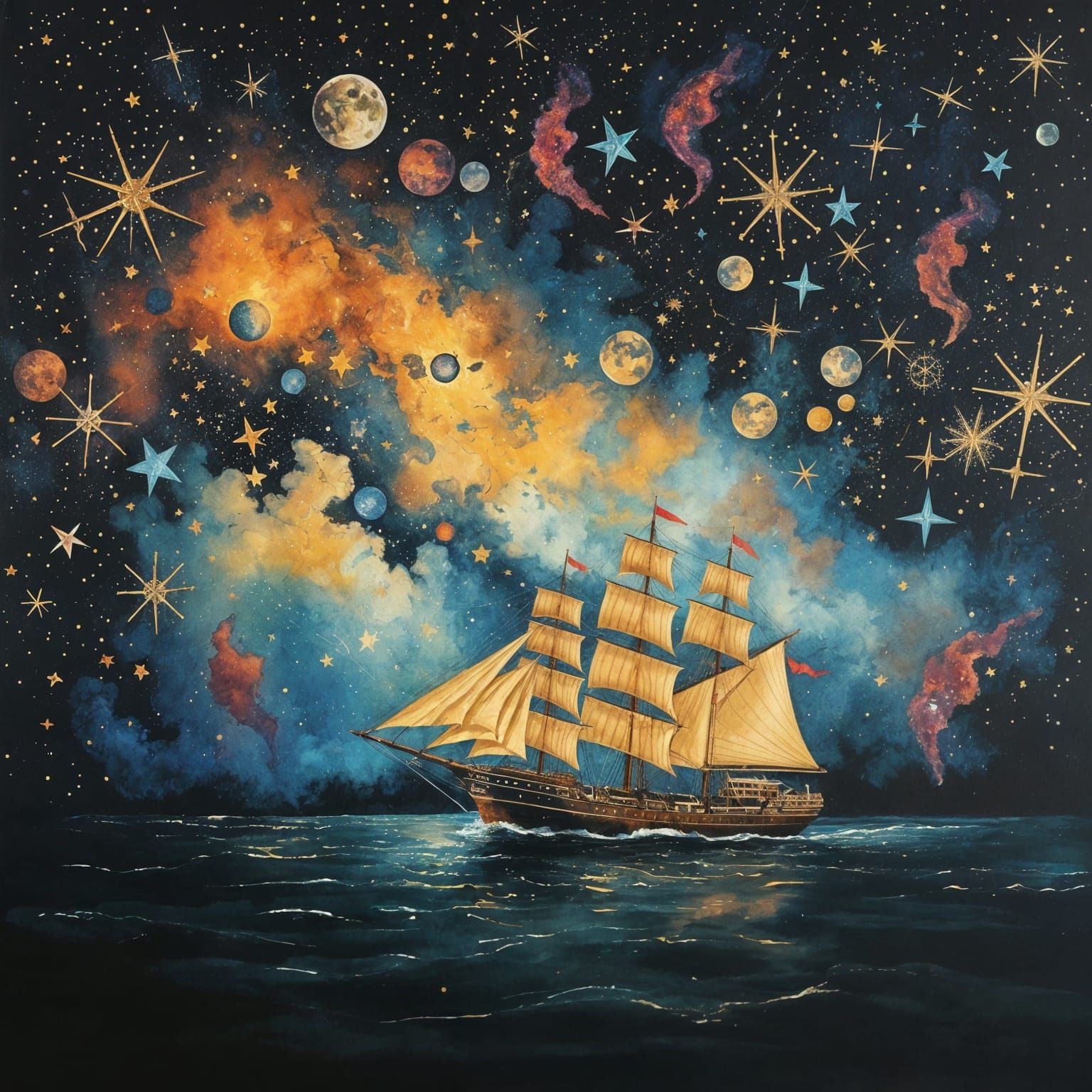 Constellation Ship: Holographic Astral Illustration