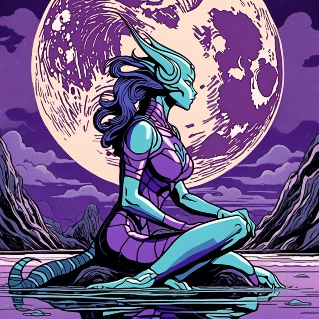 Woman in Moonlight, Cel-Shaded Illustration