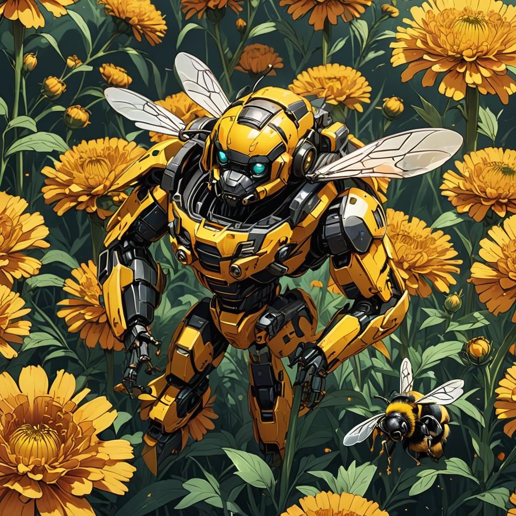 Bumble Bee on Marigold in Anime Style