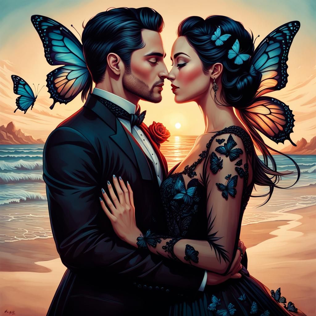 Gothic Couple love and happy, two parts in one art, double exposure, best quality, dark tales, close up well-dressed ha...