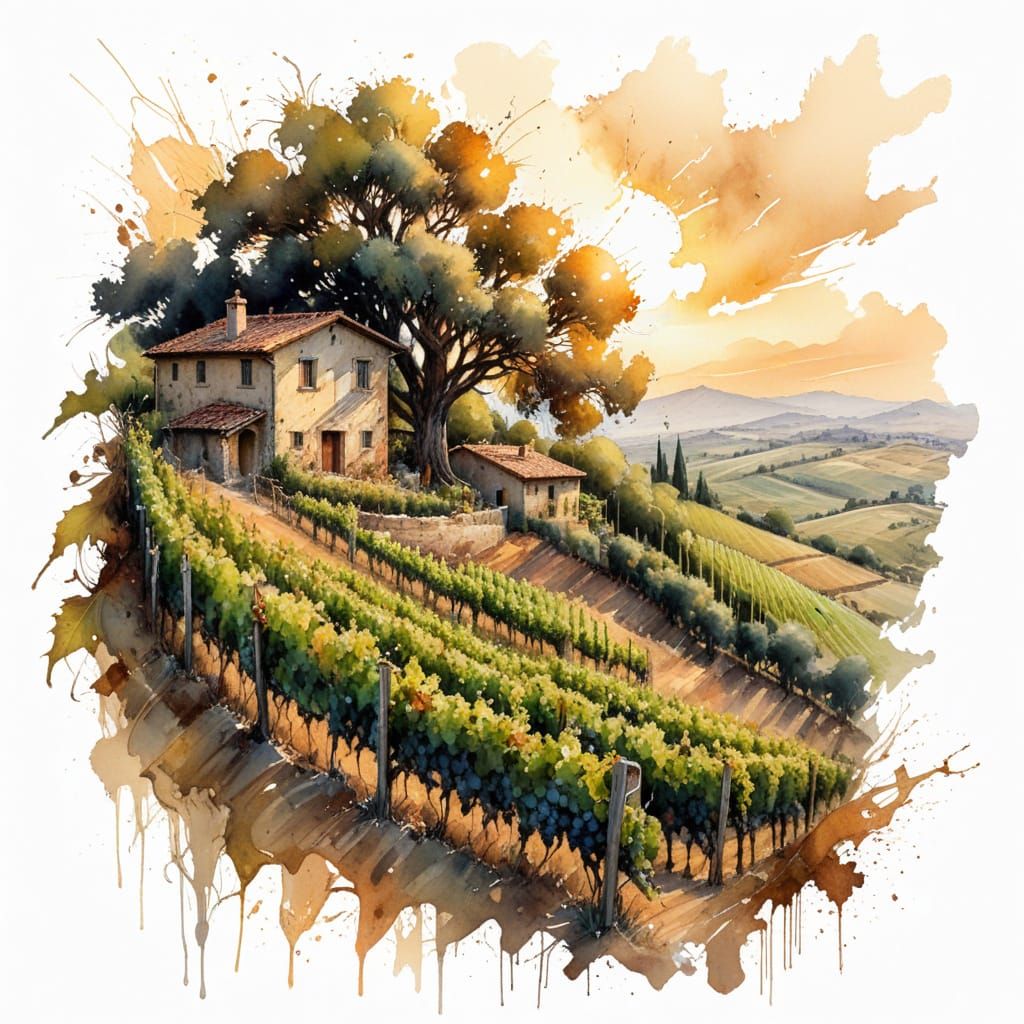 Tuscan Vineyard at Sunset in Watercolour Style