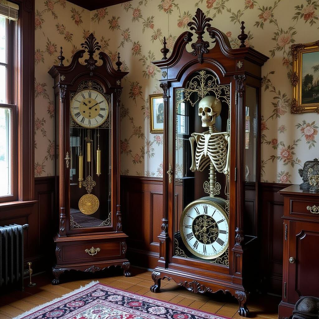 Victorian Grandfather Clock with Skeleton in Dusty Room